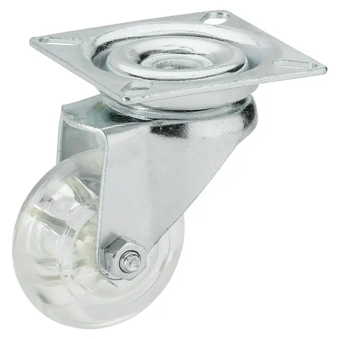 Dörner & Helmer Design-Lenkrolle - Durchmesser Rollen: 50 mm, Traglast: 40 kg, Gleitlager, Mit Platte - Schwenkrolle mit transparenter Rolle und Metallhalterung für flexible Mobilität und einfache Bewegung von Möbeln und Geräten.