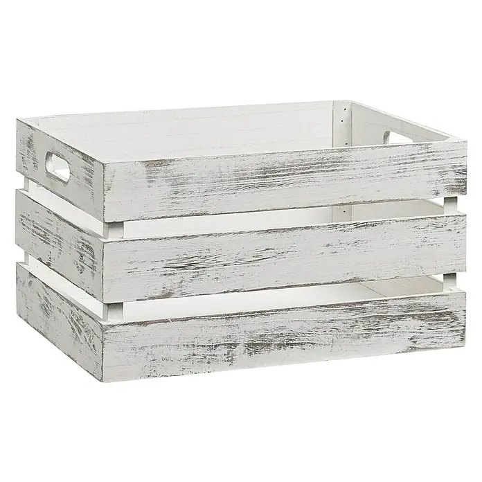 Zeller Present Caja de madera - L x An x Al: 39 x 29 x 21 cm, Blanco - Detalle de una caja de madera blanca de estilo vintage, ideal para almacenamiento y decoración. Su aspecto rústico añade encanto a cualquier espacio.