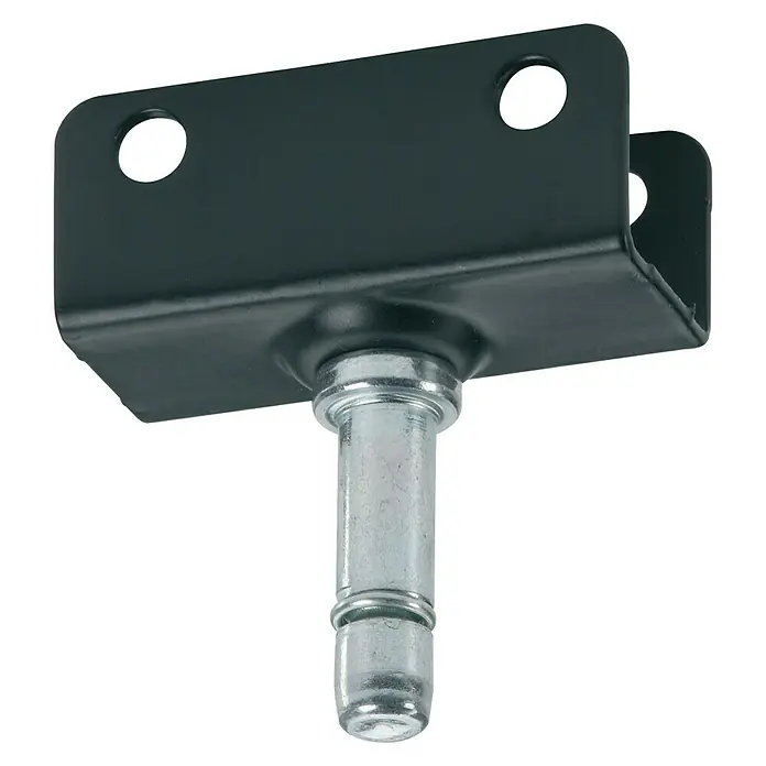 Dörner & Helmer Plattenschuh - Geeignet für: Spanplatte 19 mm, Höhe: 9 mm - Nahaufnahme eines Möbelbeins aus Metall mit schwarzer Halterung und silberfarbenem Stift, ideal für Möbelreparatur und -design.