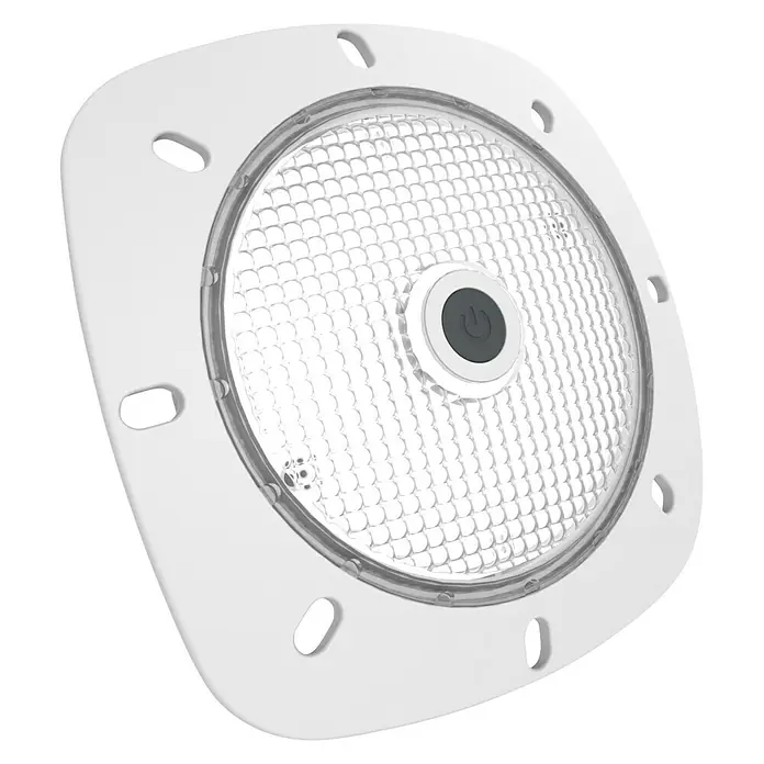 myPool LED-Poolbeleuchtung - 8,6 cm, Weiß, LED, Lichtfarbe: Neutralweiß - Nahaufnahme einer quadratischen, weißen LED-Deckenleuchte mit runder, klarer Abdeckung und Ein-/Ausschalter in der Mitte.