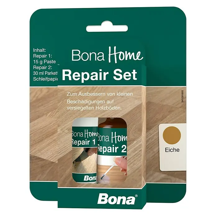 Bona Home Reparatur-Set - Eiche, 4 -tlg. - Bild von Bona Home Repair Set, einem Reparaturset für die Ausbesserung von kleinen Beschädigungen auf versiegelten Holzböden.