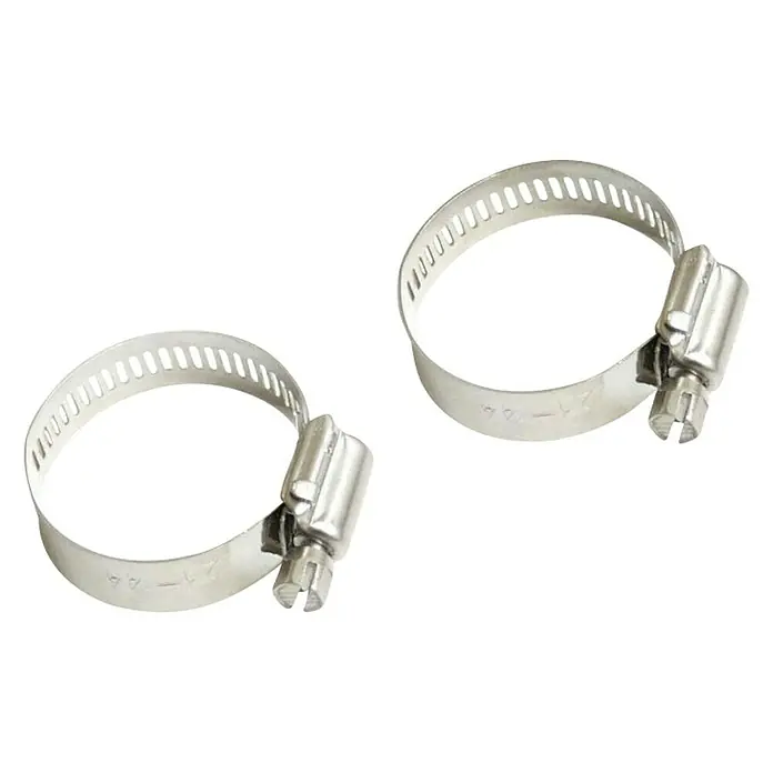 Steinbach Schlauchschellen-Set - 2 Stk., Passend für: 32/38 mm Schwimmbadschläuche - Nahaufnahme von zwei verstellbaren Schlauchschellen aus Edelstahl. Ideal für sichere und zuverlässige Verbindungen.