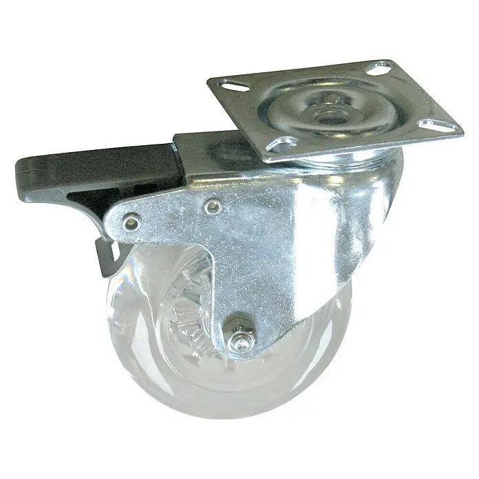 Dörner & Helmer Design-Lenkrolle - Durchmesser Rollen: 50 mm, Traglast: 40 kg, Gleitlager - Eine transparente Möbelrolle mit Feststellbremse und einer silbernen Metallbefestigungsplatte für eine einfache Montage an Möbelstücken.