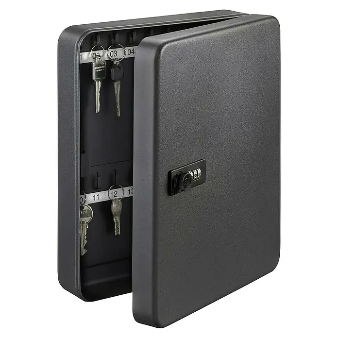 Burg-Wächter Schlüsselkassette KC36C - L x B x H: 24 x 8 x 30 cm, Anzahl Haken: 36 Stk. - Ein schwarzer Schlüsseltresor zur sicheren Aufbewahrung von Schlüsseln, mit offenem Schloss und einigen Schlüsseln im Inneren.