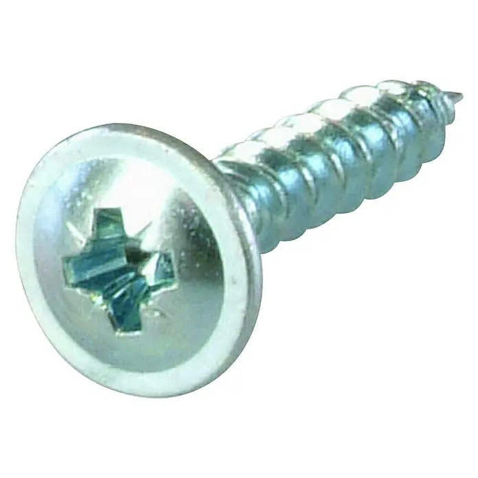 Möbelrückwand-Schraube - Ø x L: 3,5 x 25 mm, PZ 2, Stahl, Verzinkt, 30 Stk. - Nahaufnahme einer verzinkten Senkkopfschraube mit Kreuzschlitz. Ideal für Holz- und Metallarbeiten, bietet sicheren Halt.