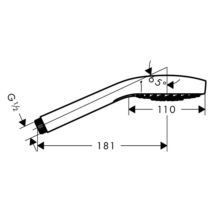 Hansgrohe Handbrause My Select S Multi - Anzahl Funktionen: 3 Stk., Durchmesser: 11 cm, Chrom - Abbildung einer Duschbrause mit Maßangaben zu Länge und Anschluss.