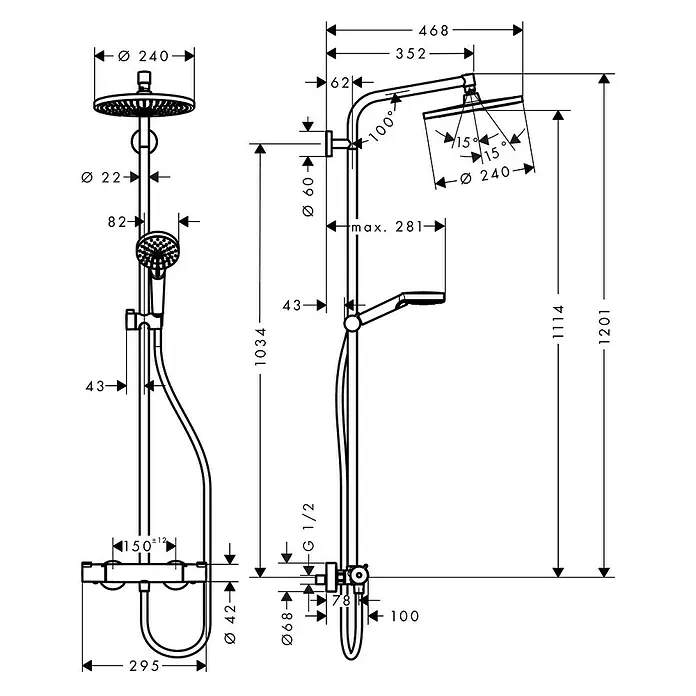 Hansgrohe Crometta Duschsystem S Showerpipe 240 - Mit Thermostatarmatur, Lochabstand: 103,4 cm, Anzahl Strahlarten: 2 Stk., Chrom - Technische Zeichnung einer Duschgarnitur mit Kopf- und Handbrause sowie Thermostatbatterie mit Maßangaben.