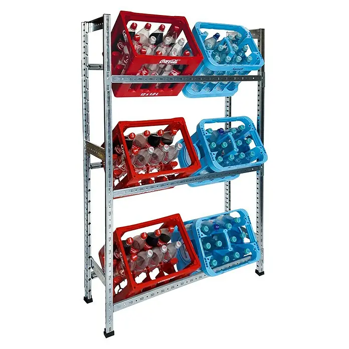 Scholz System Metall-Getränkekistenregal - H x B x T: 180 x 105 x 32 cm, Traglast Einlegeboden: 100 kg, Anzahl Böden: 3 Stk., Stecken, Silber - Ein Regal mit roten Coca-Cola-Kästen und blauen Wasserflaschen-Kästen, die ordentlich für eine einfache Lagerung und Organisation angeordnet sind.