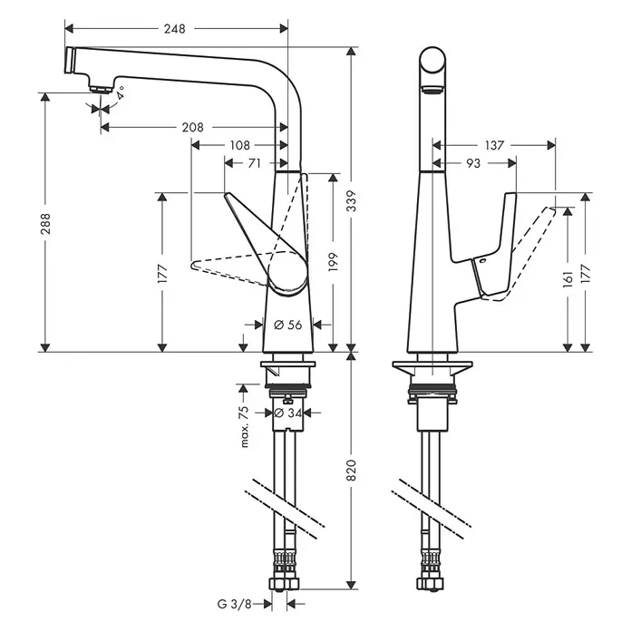 Hansgrohe Talis Select Spültischarmatur S 300 - Chrom, Glänzend - Maßskizze einer modernen Küchenarmatur mit allen relevanten Abmessungen für die Planung.