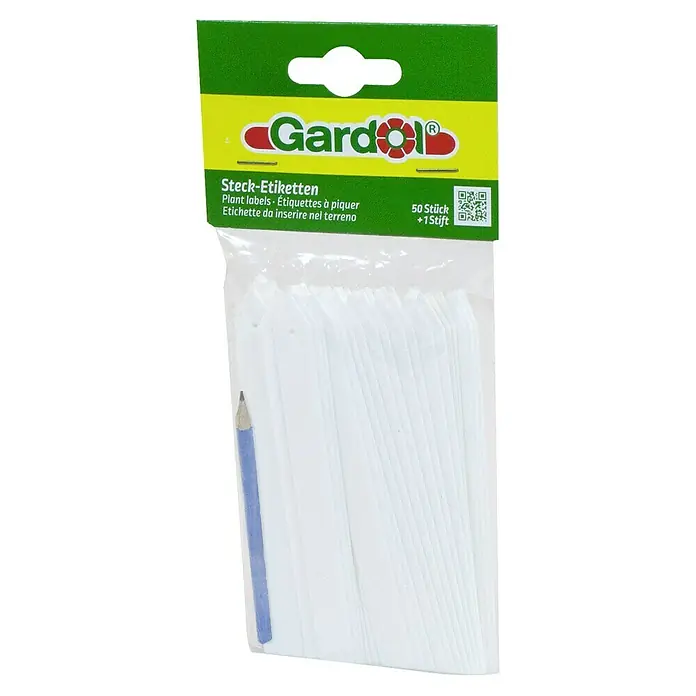 Gardol Stecketiketten - 50 Stk. - Eine Packung "Gardol Steck-Etiketten", bestehend aus 50 Pflanzenetiketten und einem Stift zum Beschriften, ideal für Gartenliebhaber.