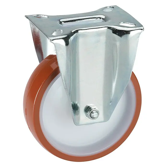 Stabilit Transportgeräte-Bockrolle - Durchmesser Rollen: 100 mm, Traglast: 150 kg, Gleitlager, Höhe: 128 mm, Material Reifen: Polyurethan-Vollmaterial - Rollenfuß mit braunem Rad und silberner Halterung zur einfachen Bewegung von Gegenständen.