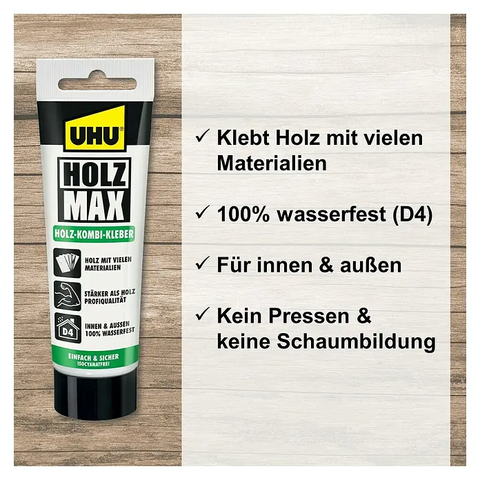 UHU Konstruktionskleber Holz Max Holz-Kombi-Kleber - 100 g, Tube - UHU Holz Max: Der Holz-Kombi-Kleber für viele Materialien, 100% wasserfest (D4), für Innen & Außen, kein Pressen & keine Schaumbildung.