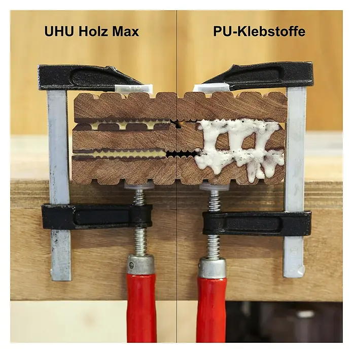 UHU Konstruktionskleber Holz Max Holz-Kombi-Kleber - 100 g, Tube - Zwei Holzstücke werden mit verschiedenen Klebstoffen, UHU Holz Max und PU-Klebstoffen, verleimt und mit Zwingen fixiert.
