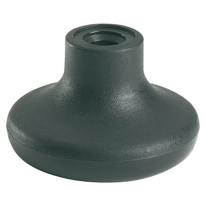 Stabilit Möbelgleiter - Ø x H: 50 x 32 mm, Traglast: 20 kg, Durchmesser Rückenloch: 8 mm, Schwarz - Nahaufnahme einer grauen, geformten Kunststoffkappe mit einer Öffnung oben, wahrscheinlich für ein Möbelstück oder Gerät.