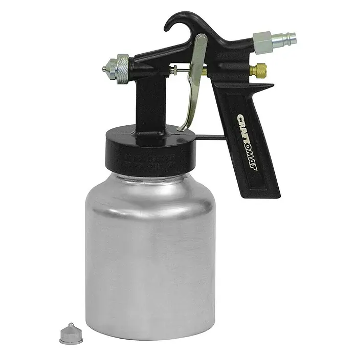 Craftomat Niederdruck-Farbspritzpistole - Betriebsdruck: 3 bar, Luftverbrauch: 120 l/min - Diese Abbildung zeigt eine Lackierpistole mit einem schwarzen Griff und einem silberfarbenen Behälter, die für Lackierarbeiten geeignet ist.