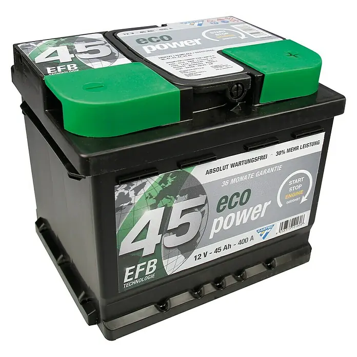 Cartec Autobatterie - 45 Ah, Spannung: 12 V - Abbildung einer schwarzen Eco Power Autobatterie mit grünen Abdeckungen und Etikett mit technischen Daten.