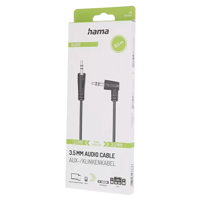 Hama Adaptador de audio USB-C Jack -  - Cable de audio Hama de 3,5mm, 0,5m, negro, con un conector recto y otro en ángulo, en su embalaje.