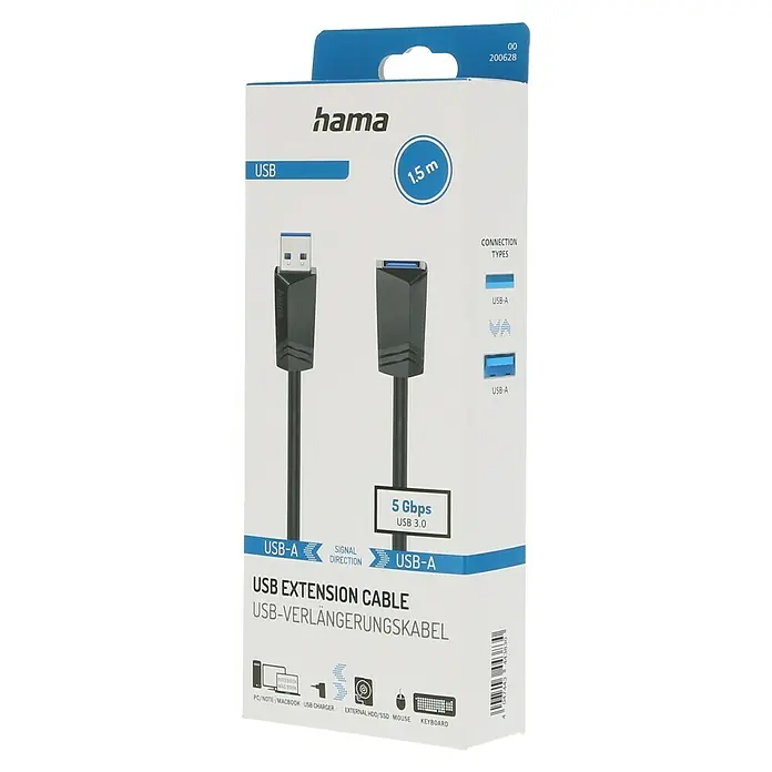Hama Cable alargador USB - A - Largo: 23 cm, Clavija USB A, Negro - Un cable de extensión USB Hama en su embalaje. El cable es compatible con USB 3.0 con 5 Gbps y tiene conectores USB-A en ambos extremos.