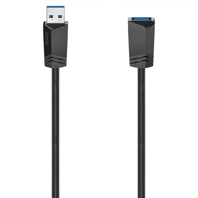 Hama Cable alargador USB - A - Largo: 23 cm, Clavija USB A, Negro - Imagen de un cable de extensión USB 3.0 Hama con un conector USB-A y una toma USB-A, que permite una transmisión de datos rápida.