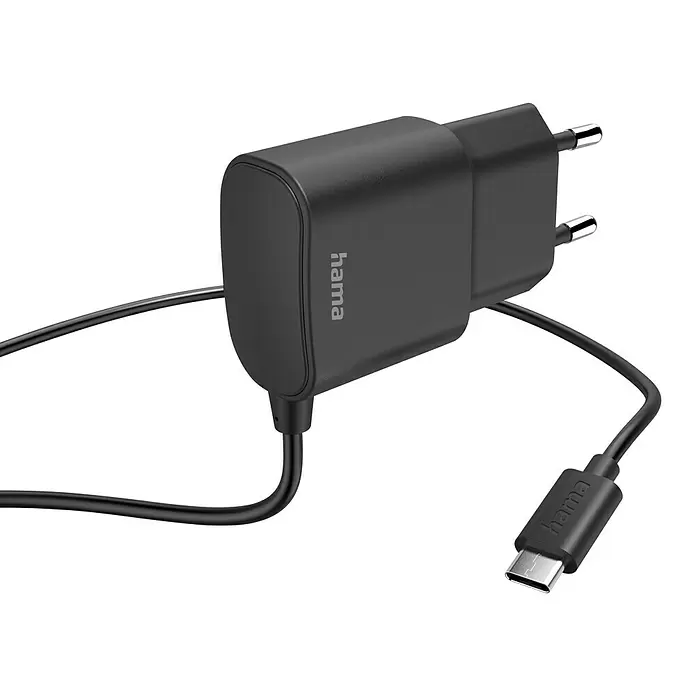 Hama Cargador USB - Negro - Cargador de pared USB-C Hama negro con cable integrado y conector USB-C plateado.