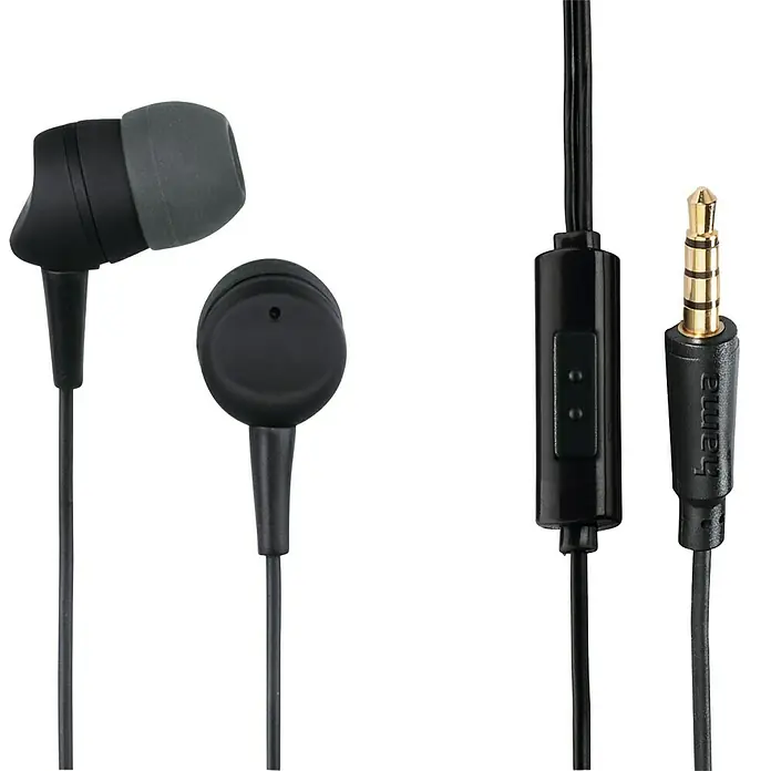Hama In Ear Kopfhörer Kooky mit Mikrofon - Kabellänge: 1,2 m, Schwarz - Schwarze In-Ear-Kopfhörer mit grauen Ohrstöpseln, Inline-Fernbedienung und vergoldetem 3,5-mm-Klinkenstecker.