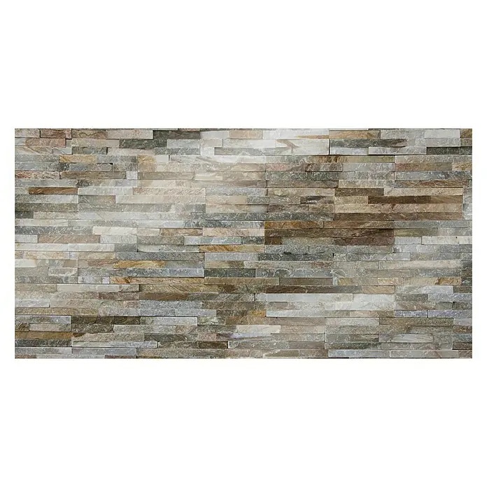 CUCINE Küchenrückwand - Rocky Wall, 80 x 40 cm, Stärke: 6 mm, Einscheibensicherheitsglas (ESG) - Das Bild zeigt eine Steinwandverkleidung mit verschiedenen Farbnuancen, die eine rustikale und natürliche Optik erzeugt. Perfekt für Innen- und Außenbereiche.
