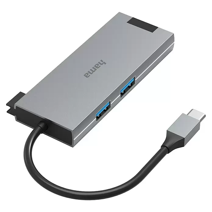Hama USB-Reisestecker 2 x USB-A, 1 x USB-C, 1 x HDMI, 1 x LAN - L x B x H: 4,4 x 10 x 11 cm - Silberner Hama USB-C Hub mit zwei blauen USB-A Anschlüssen und schwarzem Kabel.