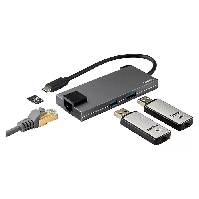Hama USB-Reisestecker 2 x USB-A, 1 x USB-C, 1 x HDMI, 1 x LAN - L x B x H: 4,4 x 10 x 11 cm - Grauer Hama USB-C Multiport-Hub mit Ethernet und zwei USB-A 3.0 Anschlüssen, dazu MicroSD-Karte, Ethernet-Kabel und zwei Hama USB-Sticks.