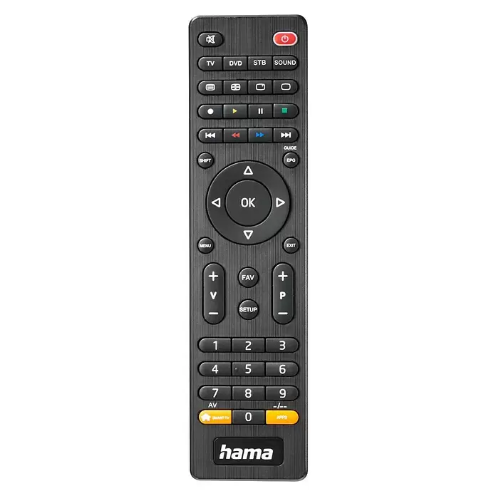 Hama Universal-Fernbedienung 4 in 1 - 202 x 41 x 21 mm, Passend für: TV, Set-Top-Box, Sat-Receiver, Soundbar, DVB-T-Receiver, Kabel-Receiver, Blu-ray-Player, Verstärker - Schwarze Universalfernbedienung mit gebürsteter Oberfläche und zahlreichen Funktionstasten für TV, DVD, Sound und Smart-Funktionen.