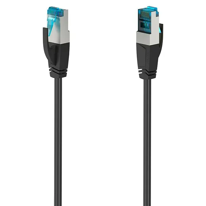 Hama Netzwerk-Kabel - Länge: 15 m, Schwarz, RJ45-Stecker, Bis zu 10 Gbit/s - Zwei Ethernet-Kabel mit RJ45-Steckern und schwarzer Ummantelung auf schwarzem Hintergrund.