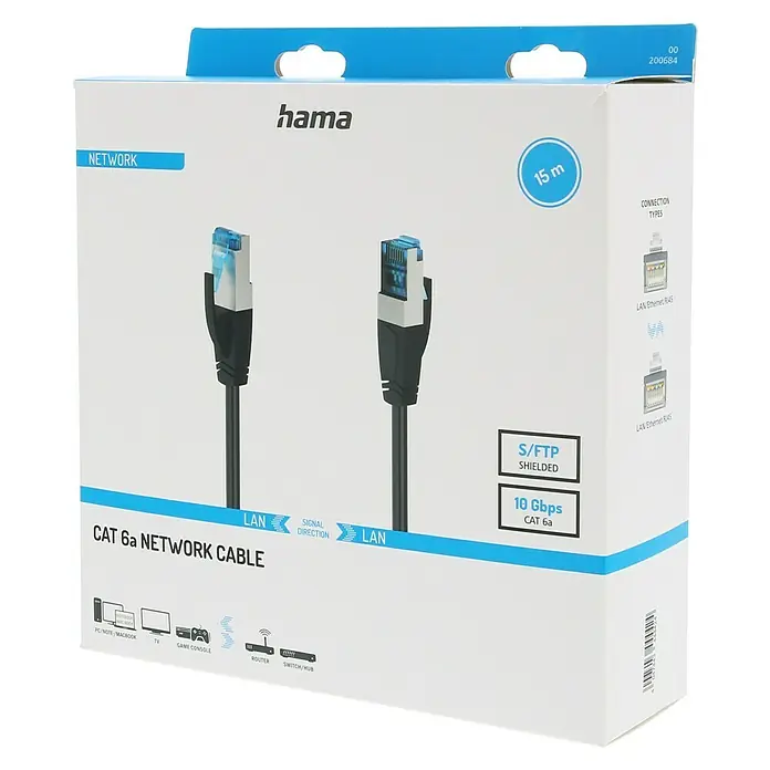 Hama Netzwerk-Kabel - Länge: 15 m, Schwarz, RJ45-Stecker, Bis zu 10 Gbit/s - Produktverpackung für ein Hama CAT 6a Netzwerkkabel, 15 m Länge, geeignet für PC, Notebook, TV, Spielekonsole, Router und Switch/Hub.
