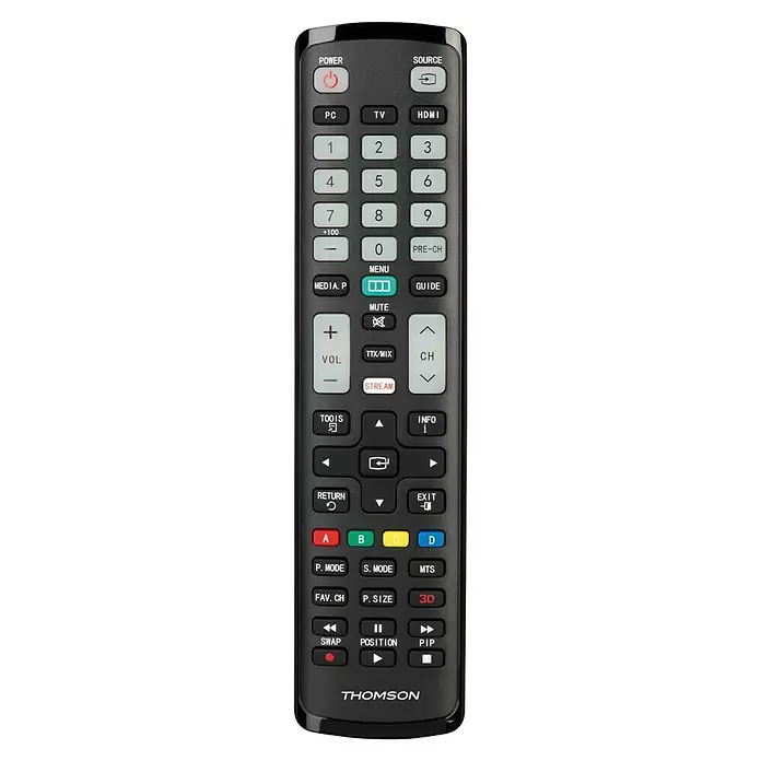 Hama Universal-Fernbedienung für Samsung TVs - Schwarz - Schwarze Thomson TV-Fernbedienung mit zahlreichen weißen, roten, grünen, gelben und blauen Tasten auf ihrem rechteckigen Gehäuse.