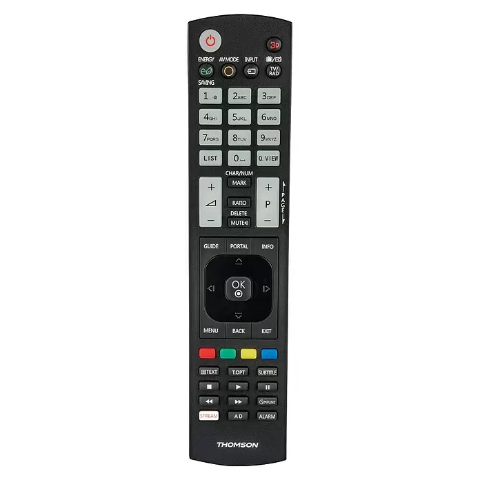 Hama Universal-Fernbedienung 00221061 - Schwarz - Schwarze Thomson TV-Fernbedienung mit strukturierter Oberfläche und zahlreichen grauen und schwarzen Tasten für verschiedene TV-Funktionen.