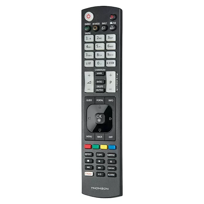 Hama Universal-Fernbedienung 00221061 - Schwarz - Dunkelgraue Thomson TV-Fernbedienung mit weißen und schwarzen Tasten für Ein/Aus, Navigation, Lautstärke und Kanal.