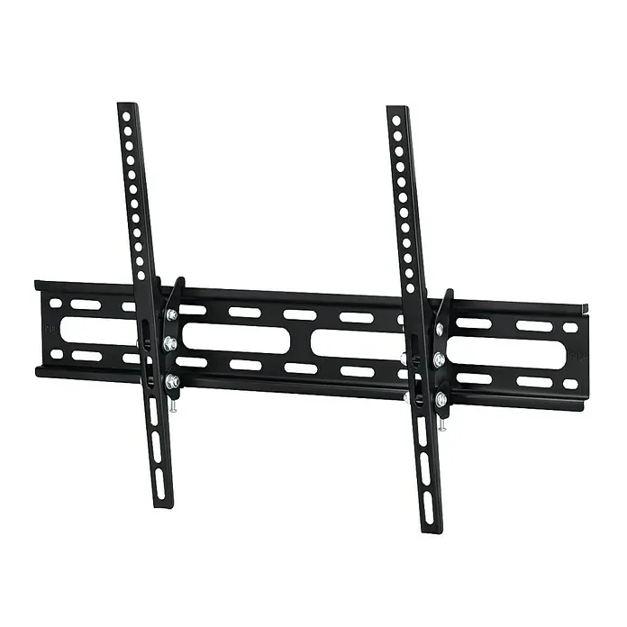 Hama Soporte para televisor inclinable - Específico para: Para televisores de 32 a 75 pulgadas, Carga soportada: 50 kg - Un primer plano de un soporte de pared negro para TV, diseñado para montar de forma segura un televisor a la pared.