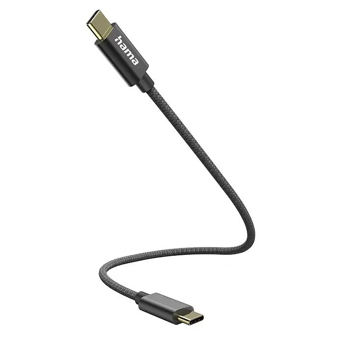 Hama USB-Kabel 00201604 USB-C - USB-C 0 Nylon 20 cm - Schwarz - Schwarzes geflochtenes USB-C-Kabel mit goldfarbenen Anschlüssen.