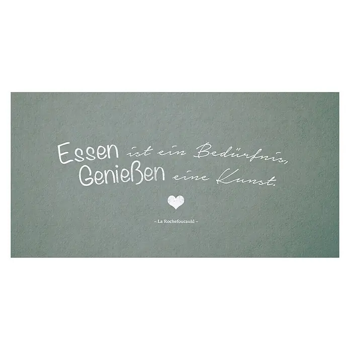 CUCINE Küchenrückwand - Essensgenuss, 80 x 40 cm, Stärke: 6 mm, Einscheibensicherheitsglas (ESG) - Eine Wanddekoration mit dem Spruch "Essen ist ein Bedürfnis, Genießen eine Kunst" und einem kleinen Herz darunter.