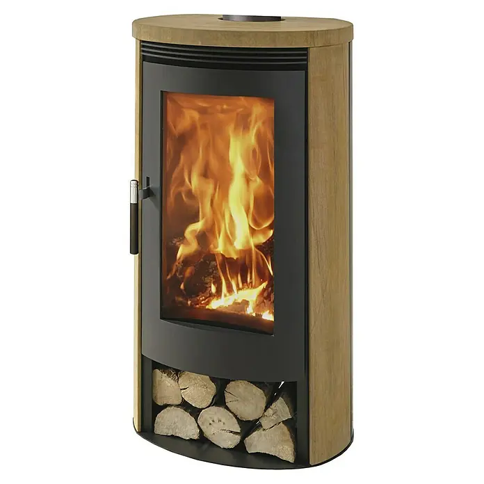 Panadero Kaminofen ANGEL SAND - 8 kW, Raumheizvermögen: 240 m³, Schwarz Metallic - Ein moderner Holzofen mit Holzfach, der Wärme und Atmosphäre in jeden Raum bringt. Der Ofen ist eine stilvolle und funktionale Ergänzung.