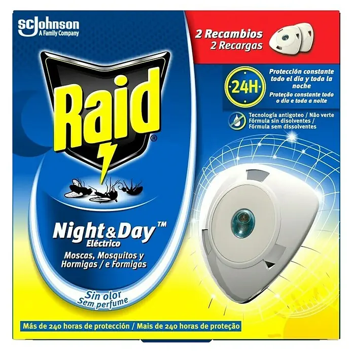 Raid Producto anti-insectos eléctrico líquido Night&Day 2 recambios - 2 ud. - Imagen del repelente de insectos Raid Night & Day, que ofrece protección contra moscas, mosquitos y hormigas. El pack de recambio incluye 2 unidades.