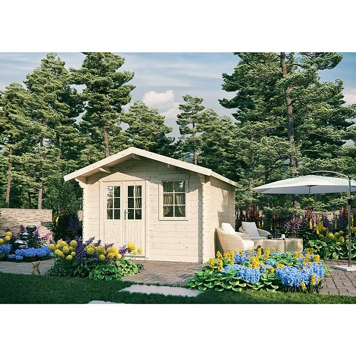 BAUHAUS Gartenhaus - Wandstärke: 28 mm, Satteldach, Holz, Natur, Außenmaß inkl. Dachüberstand (B x T): 350 x 366 cm - Gartenhaus aus Holz mit Gartengestaltung. Das Haus hat eine Doppeltür und ein Fenster.