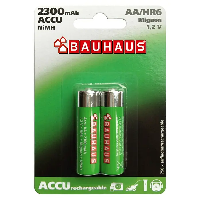 BAUHAUS Akku-Batterien - 2.300 mAh, Mignon AA, 1,2 V, 2 Stk. - Verpackung von zwei wiederaufladbaren AA/HR6 Mignon Batterien mit 2300mAh von Bauhaus für Kameras, Rasenmäher und Kopfhörer.
