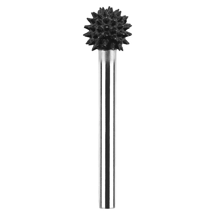Ryobi Fräser RAR703 - Arbeitsdurchmesser: 9 mm - Detailaufnahme eines zahnärztlichen Rosenbohrers. Das Werkzeug ist aus Metall und hat einen rauen, kugelförmigen Kopf.