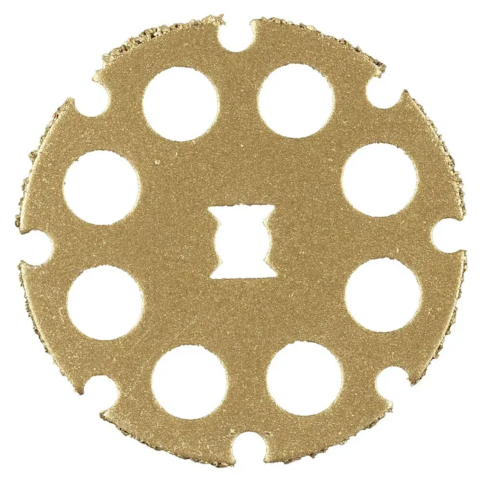 Ryobi Trennscheibe RAR304 Twist-Lock - Arbeitsdurchmesser: 38 mm, Passend für: Rotationswerkzeuge mit 3,2 mm (1/8") Spannzangenkapazität - Nahaufnahme einer goldenen Diamanttrennscheibe mit Löchern und einer quadratischen Aussparung in der Mitte.