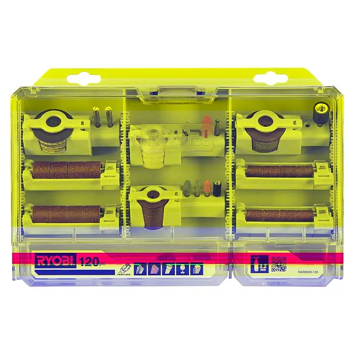Ryobi Mehrzweck-Set RAR800K-120 - 120 -tlg. - Eine Ryobi-Zubehörbox mit 120 Teilen. Sie enthält eine Vielzahl von Schleifwerkzeugen und Zubehör für den Einsatz mit einem Rotationswerkzeug.