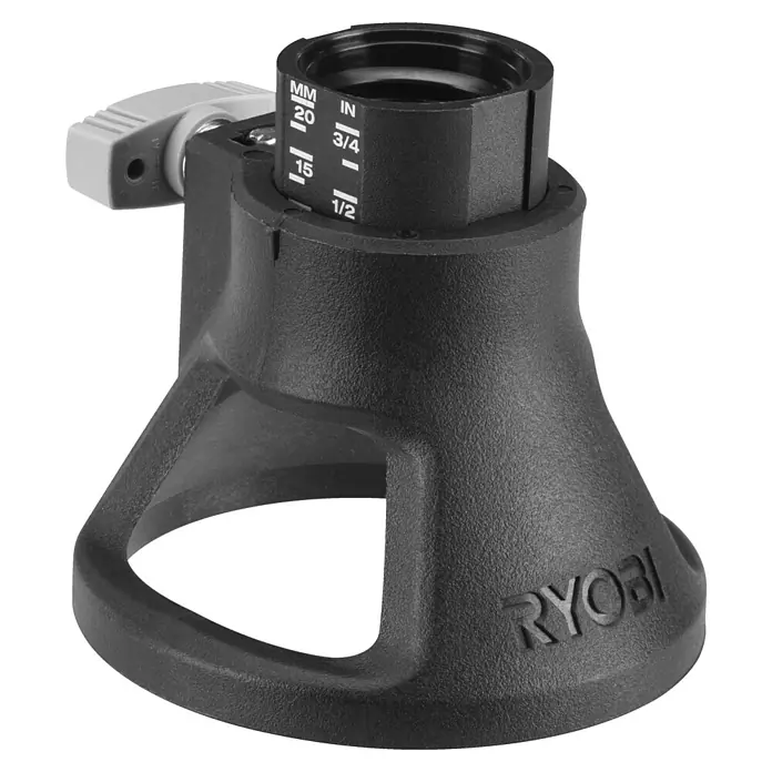 Ryobi Mehrzweck-Fräsvorsatz RARA901 - Passend für: Ryobi Akku-Multifunktionswerkzeuge RRT4 & RRT12 - Nahaufnahme eines RYOBI-Werkzeugaufsatzes aus schwarzem Kunststoff, der mit einem grauen Hebel und Grössenmarkierungen versehen ist.