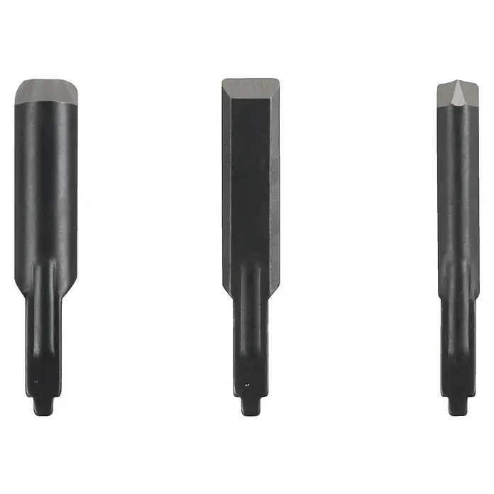 Ryobi Schnitzmesser RAR111-3 - 3 -tlg., Passend für: Ryobi 4V USB Akku-Schnitzer RPC4-120G - Diese Abbildung zeigt drei Meißel unterschiedlicher Form, die für Bau- oder Abbrucharbeiten verwendet werden, auf schwarzem Hintergrund.