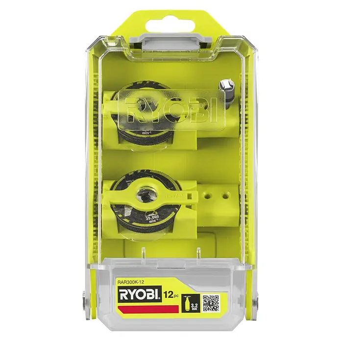 Ryobi Trennscheiben-Set "Twist Lock" RAR300K-12 - Durchmesser: 38 mm - Ryobi RAR300K-12 Trennscheiben-Set mit 12 Teilen in einer gelb-transparenten Verpackung, ideal für präzise Trennarbeiten.