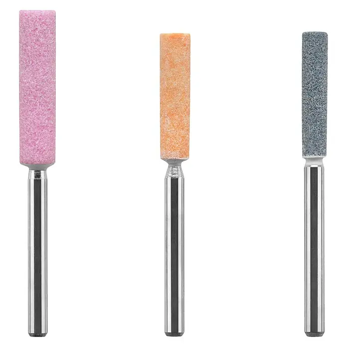 Ryobi Schleifstein-Set RAR52-3 - 3 -tlg. - Drei Schleifstifte in Rosa, Orange und Grau mit Metallschäften, ideal für Präzisionsarbeiten und Werkzeugschärfung.