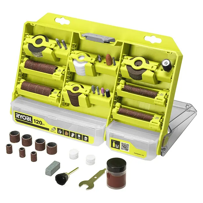 Ryobi Mehrzweck-Set RAR800K-120 - 120 -tlg. - Ryobi 120-teiliges Zubehörset für Werkzeuge. Perfekt zum Schleifen, Polieren und Schneiden mit Ihrem Werkzeug. In praktischer Aufbewahrungsbox.