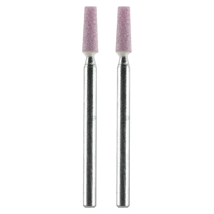 Ryobi Schleifstein-Set RAR501-2 - Durchmesser Schaft: 3,2 mm - Nahaufnahme von zwei rosa Schleifstiften mit Metallschaft, ideal zum Polieren und Entgraten von Werkstücken.